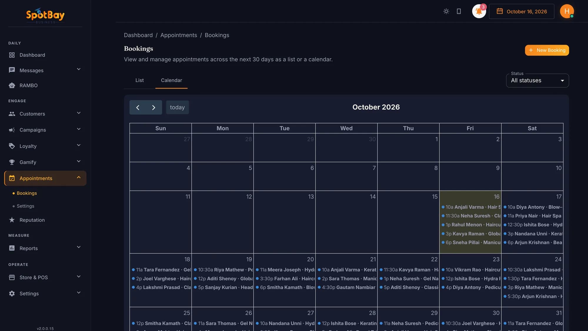 Bookings calendar
